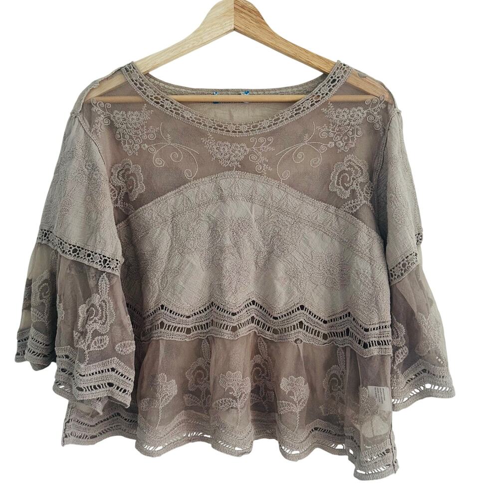 Womens Boho Lace Blouse Sheer Embroidered Cropped Lagenlook Romantic Flowy - Picture 6 of 9